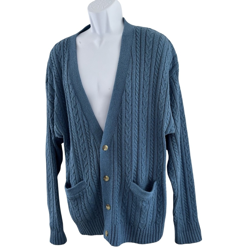 Vintage Saks‎ Fifth Avenue Cardigan Sweater Mens XL Blue Cable Knit Pockets Silk